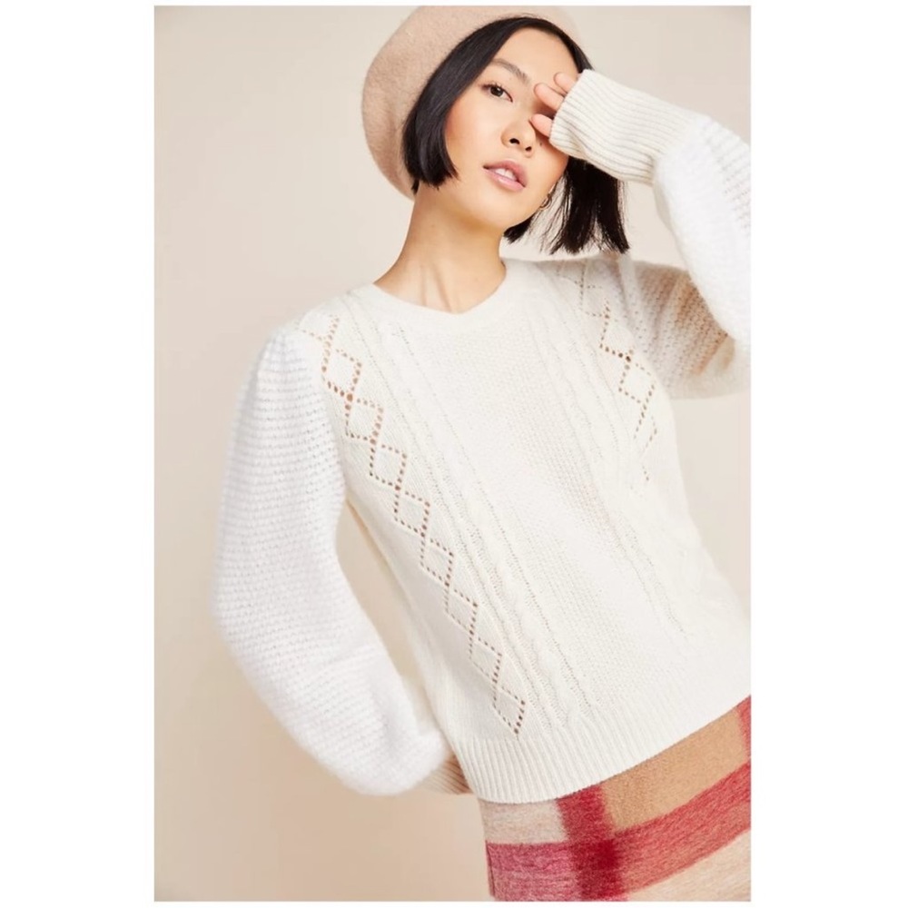 Anthropologie Elizabeth Pointelle Lambswool Sweater Sz M - Picture 2 of 8